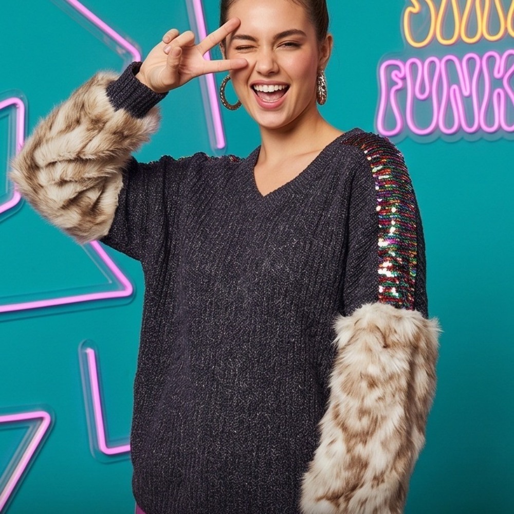H&F S Charcoal Grey V-Neck Sweater Faux Fur‎ Sleeves Multicolor Sequin Small